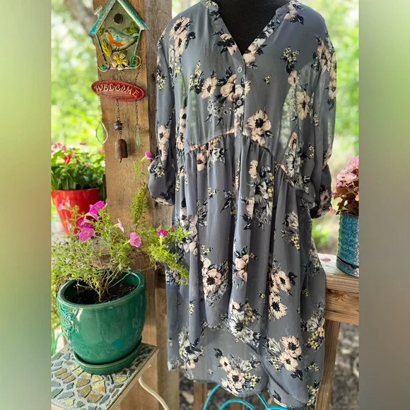 torrid | Dresses | Torrid Blue Floral Semisheer Chiffon Roll Tab Sleeve  Buttons Dress Or Cover 2x | Poshmark